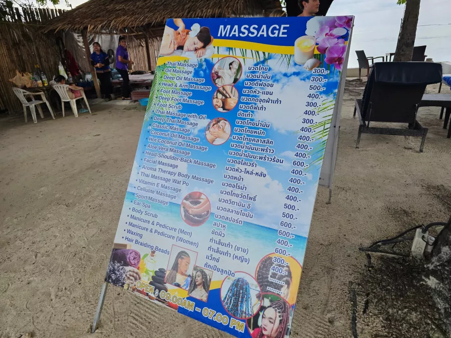 Listino prezzi per i massaggi sulla spiaggia dell'hotel
