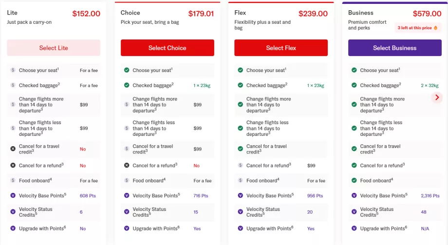 Tariffe Virgin Australia