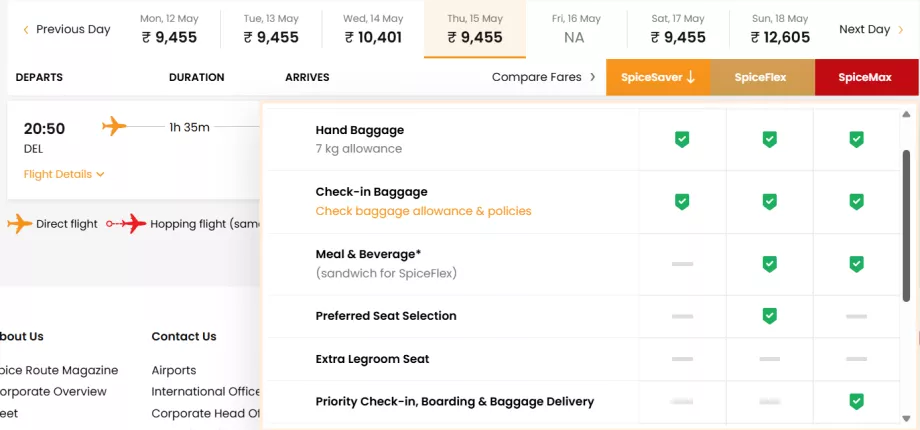 Classi tariffarie SpiceJet