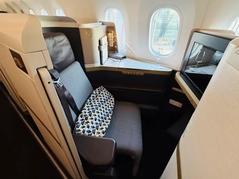 Dettaglio del sedile di classe business Etihad B789 con porta