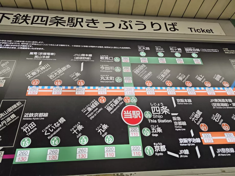 Mappa dei prezzi della metropolitana di Kyoto