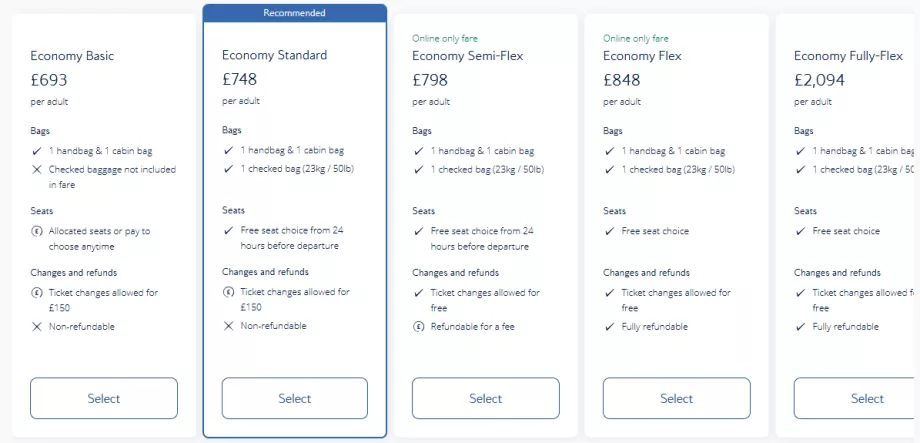 Classi economiche di British Airways