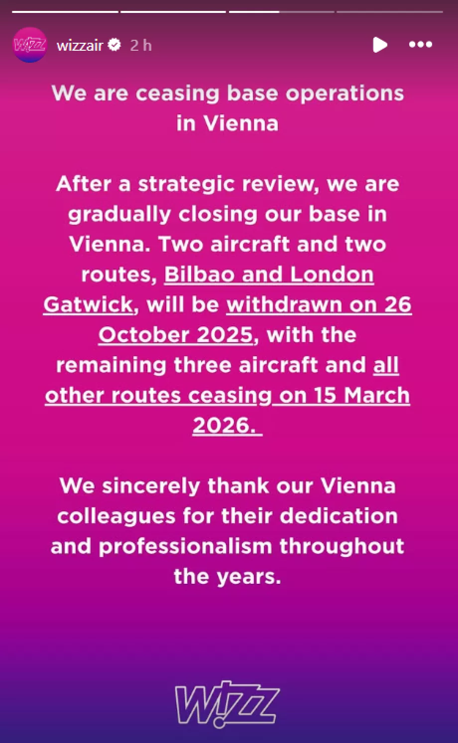 Cancellazione di linee da Vienna