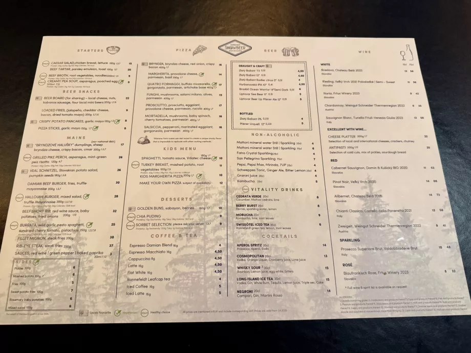 Menu Snowbeer con prezzi
