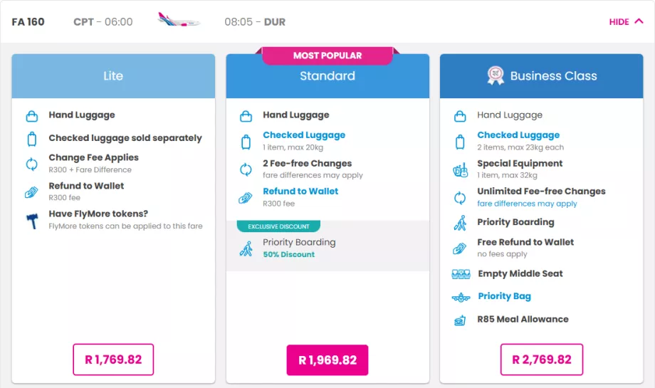 Classi tariffarie FlySafair