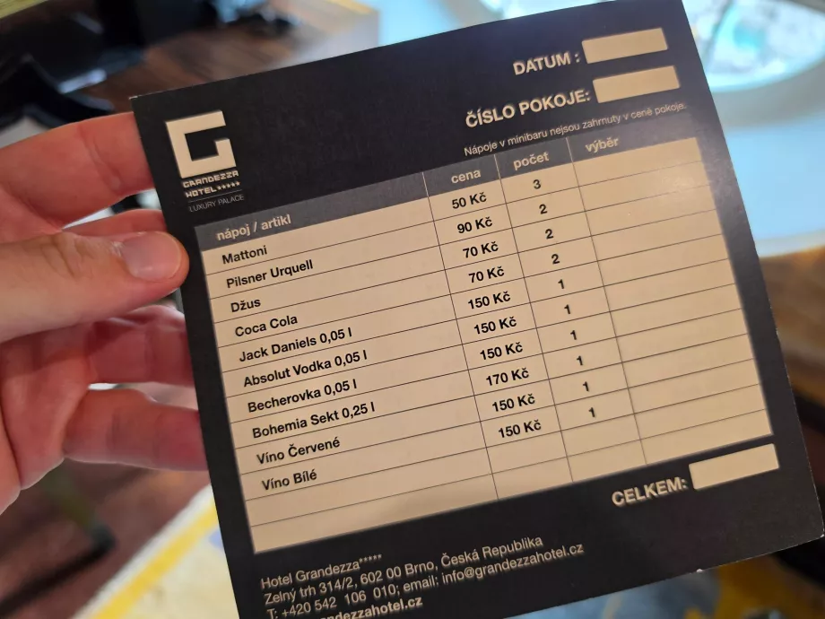 Listino prezzi del minibar (uguale per tutte le tipologie di camera)