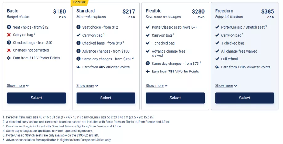 Porter Airlines - classi tariffarie