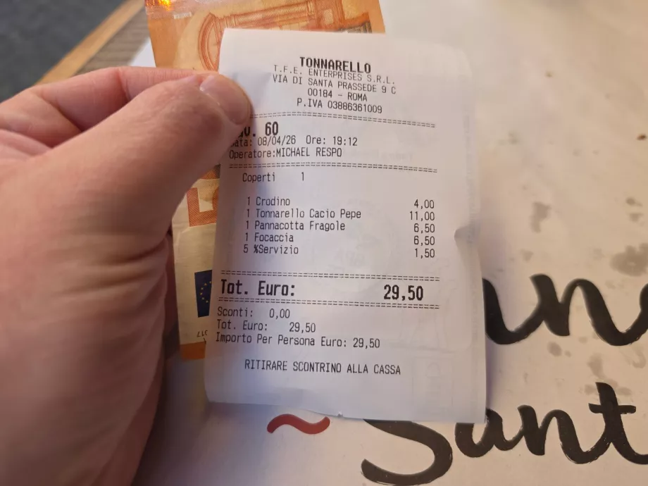 Tonnarello Santa Maria, importo totale della fattura