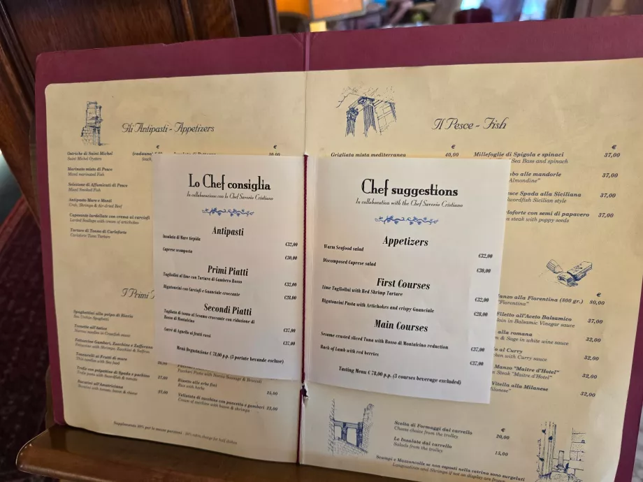 Menu del ristorante dell'hotel