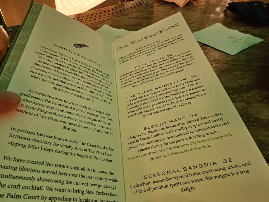 Menu dei cocktail al ristorante Palm Court