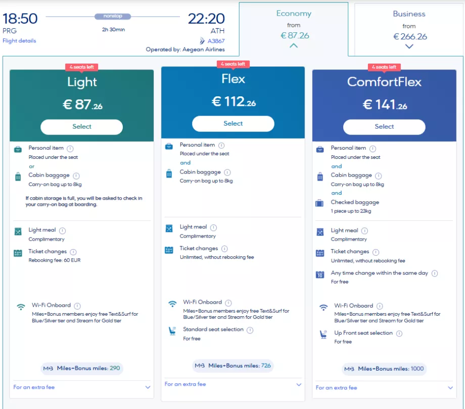 Classi tariffarie di Aegean Airlines