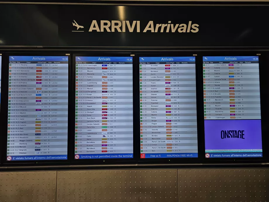 Tabellone degli arrivi, aeroporto di Malpensa